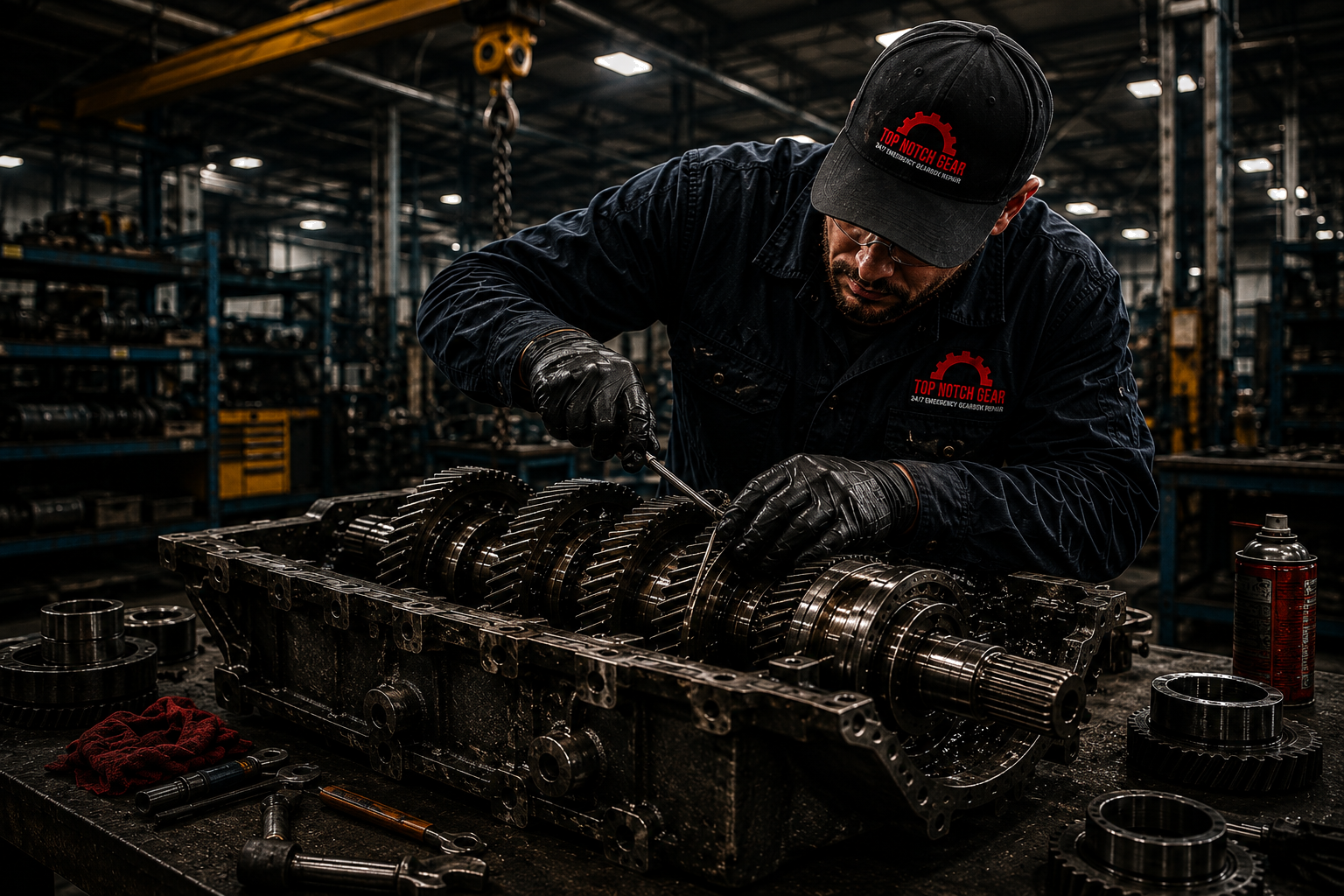 Technician rebuilding an industrial gearbox